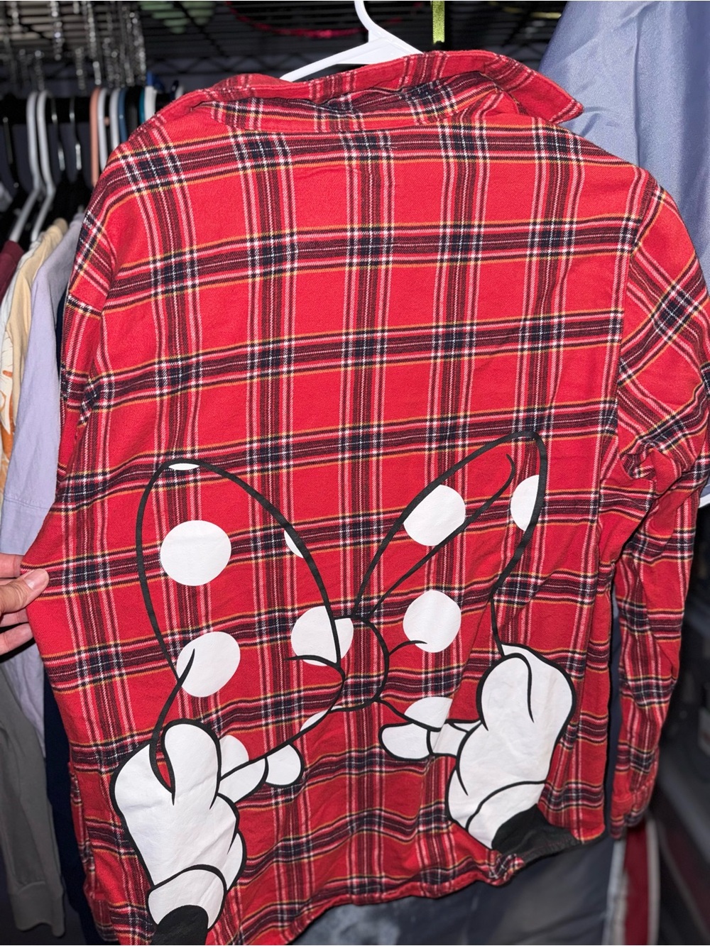 Cakeworthy Red Plaid Graphic Flannel Shirt Jacket with Polka-Dot Bow Back